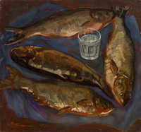 Натюрморт с рыбами и стаканом воды. Х.,м. 66х70, 1991 г. - Цена 35 т.р